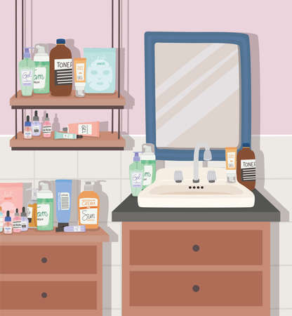 skincare products and furnitures in a bathroom vector illustration designのイラスト素材
