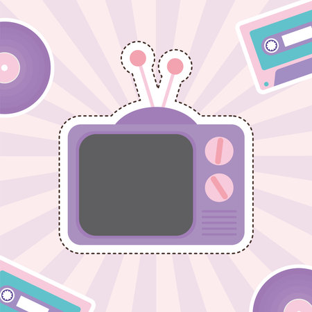 80s patch of a television surrounded by cassettes and vinyls vector illustration design
