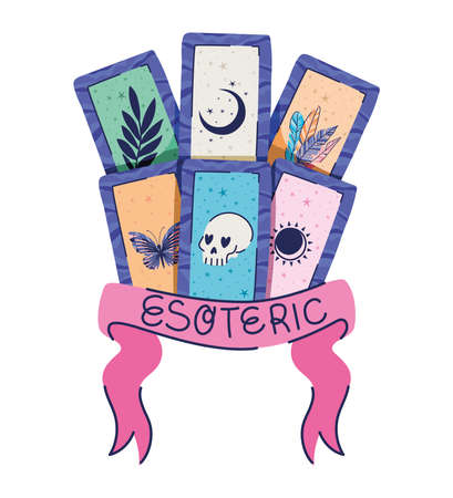 set of esoteric cards and esoteric lettering in a ribbon vector illustration designのイラスト素材