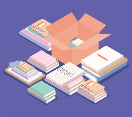 workplace books, pen and boxのイラスト素材