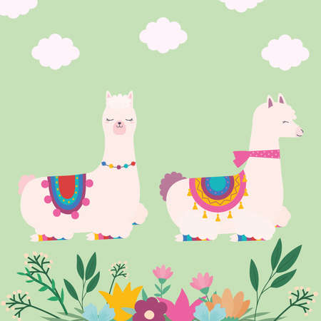 sweet llamas pair and cloudsのイラスト素材