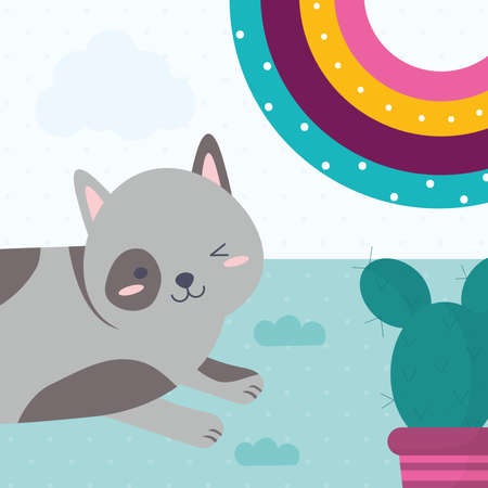 cat and cactus over grassのイラスト素材