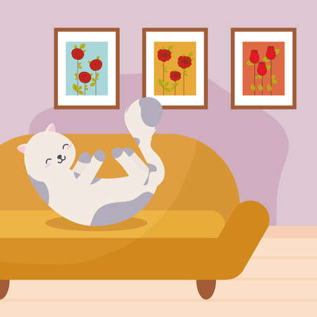 cat lying on living roomのイラスト素材