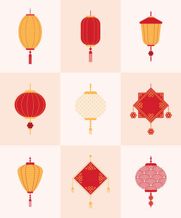 set of nine chinese lampsのイラスト素材