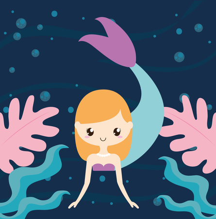 beautiful mermaid underwater and bubblesのイラスト素材
