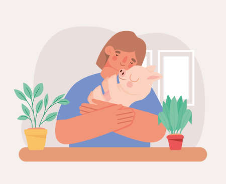 woman hugging pigのイラスト素材