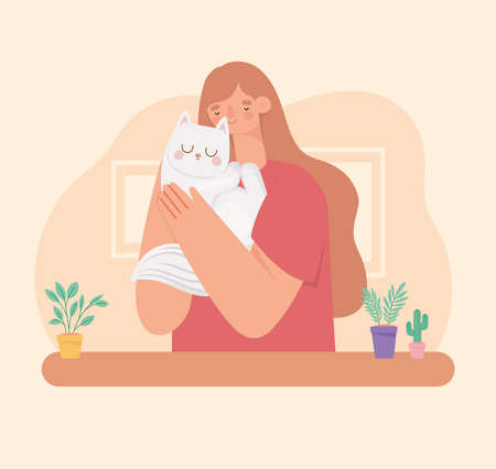 woman hugging kittenのイラスト素材