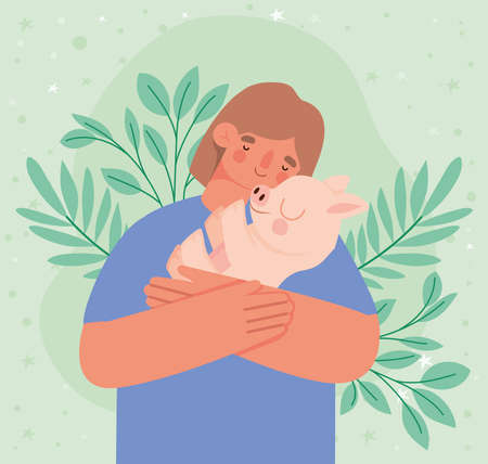 woman hugging cute pigのイラスト素材