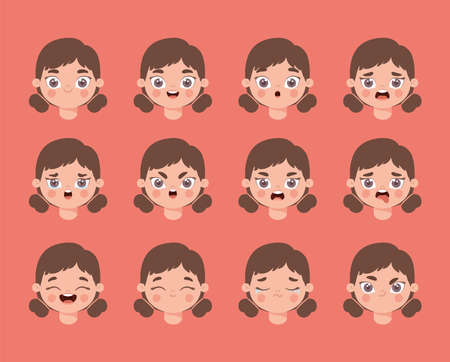 twelve young girl emotionsのイラスト素材