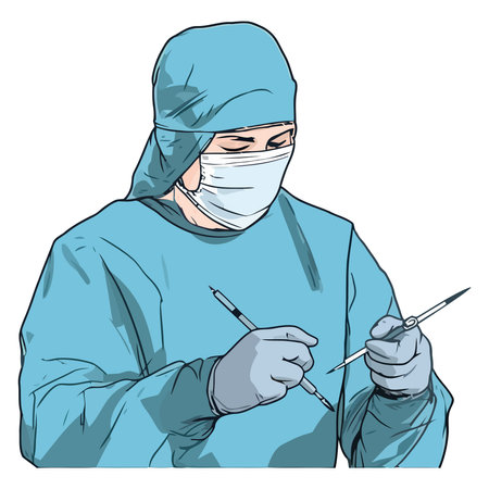 Expert surgeon in blue cap performs surgeryのイラスト素材