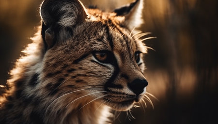 Spotted bobcat staring, beauty in nature tranquility generated by artificial intelligenceの素材