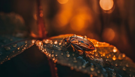 Shiny ladybug on green leaf, selective focus generated by artificial intelligenceの素材