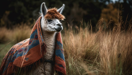 Cute alpaca looking at camera in pasture generated by artificial intelligence generated by artificial intelligenceの素材