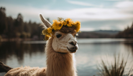 Cute alpaca smiling in tranquil meadow landscape generated by artificial intelligence generated by artificial intelligenceの素材