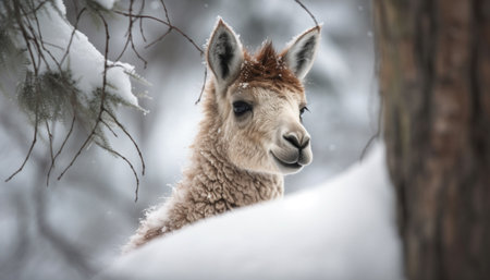 Fluffy alpaca poses for winter portrait, cute generated by artificial intelligence generated by artificial intelligenceの素材