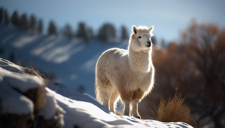 Fluffy alpaca grazing in snowy rural landscape generated by artificial intelligence generated by artificial intelligenceの素材