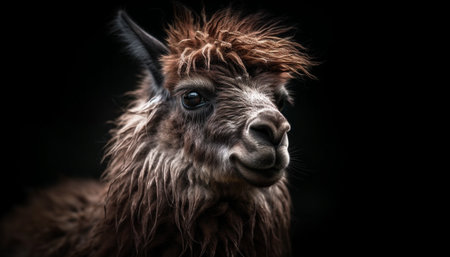 Fluffy alpaca poses for cute portrait, looking sharp generated by artificial intelligence generated by artificial intelligenceの素材