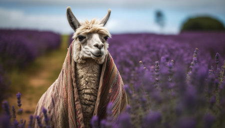 Fluffy alpaca smiles for portrait in meadow generated by artificial intelligence generated by artificial intelligenceの素材