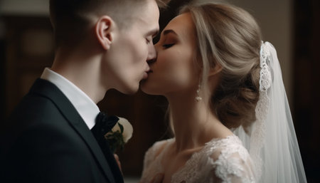 A newlywed couple embraces in elegant celebration generated by artificial intelligence generated by artificial intelligenceの素材