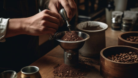 Barista hand grinds fresh coffee for latte generated by artificial intelligence generated by artificial intelligenceの素材