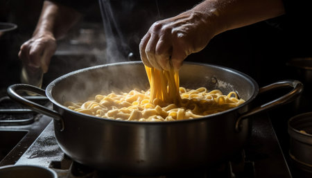 Hand cooking healthy pasta meal in domestic kitchen generated by artificial intelligenceの素材