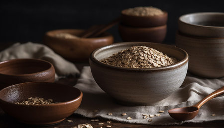 Organic ingredients on rustic table for healthy meal generated by artificial intelligenceの素材