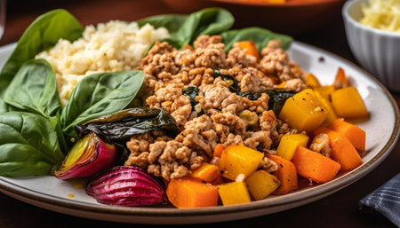 Healthy grilled vegetable salad with homemade sauce generated by artificial intelligenceの素材