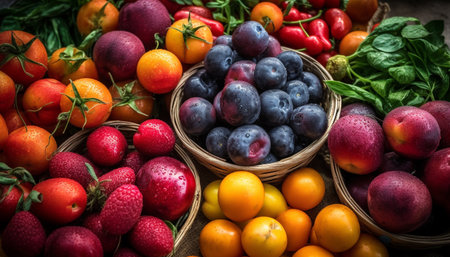 Healthy organic fruit basket ripe, juicy, sweet generated by artificial intelligenceの素材