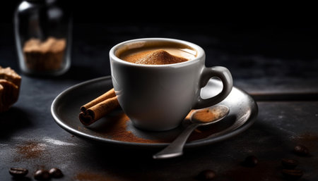 Rustic coffee table holds frothy cappuccino refreshment generated by artificial intelligenceの素材