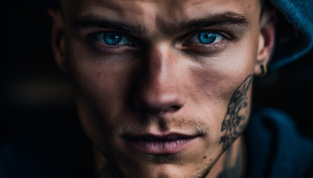 Serious man with dark beard exudes confidence generated by artificial intelligenceの素材