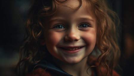 Cute Caucasian girl smiling, looking at camera joyfully generated by artificial intelligenceの素材