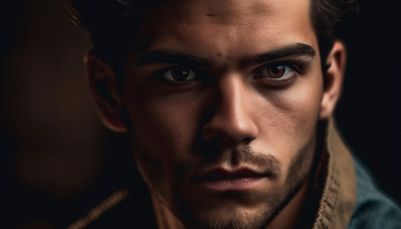 Confident man with serious expression and beard generated by artificial intelligenceの素材