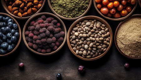 Fresh organic berry fruit in wooden bowl generated by artificial intelligenceの素材