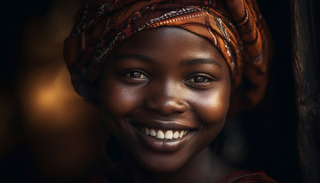Beautiful African woman with confident, toothy smile generated by artificial intelligenceの素材