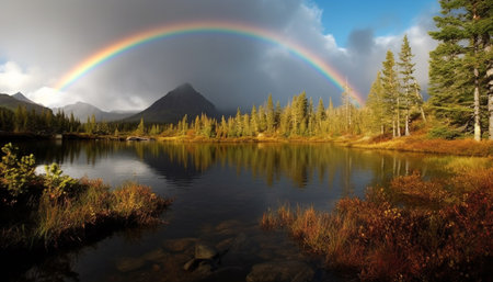 Tranquil scene of autumn forest and mountain range generated by artificial intelligenceの素材