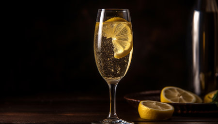 Fresh lemon cocktail on wooden table, luxury drink generated by artificial intelligenceの素材