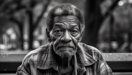 Sad senior man sitting alone in nature generated by artificial intelligenceの素材