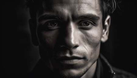 Confident man with beard, looking serious generated by artificial intelligenceの素材