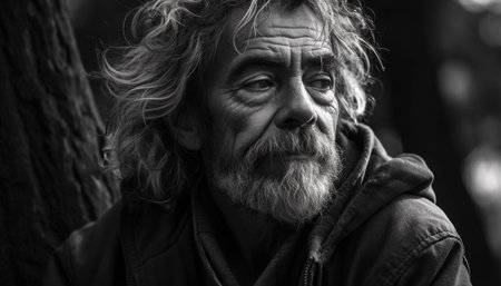 Gray haired man in nature, looking serious generated by artificial intelligenceの素材