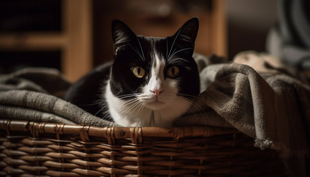 Fluffy kitten resting on soft pillow indoors generated by artificial intelligenceの素材