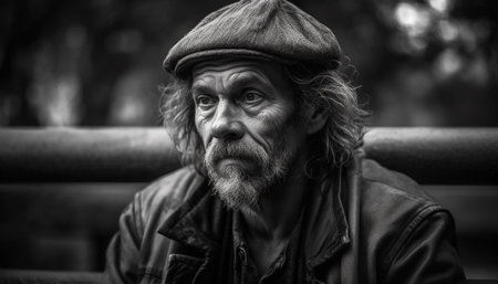 Sad senior man with gray beard sitting alone generated by artificial intelligenceの素材