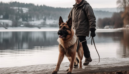 German Shepherd and owner enjoy winter walk generated by artificial intelligenceの素材