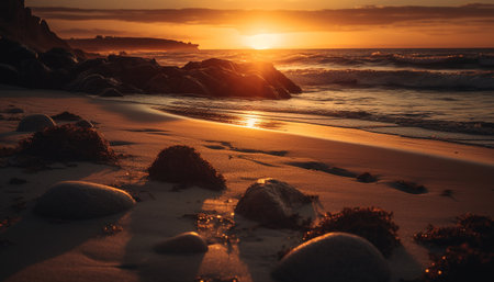 Sunrise over tranquil waters, nature beauty revealed generated by artificial intelligenceの素材