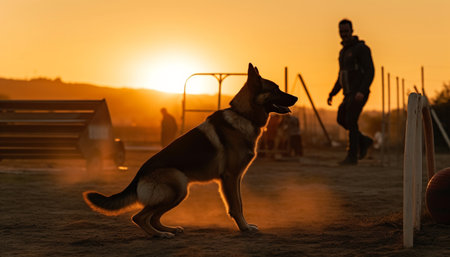 Silhouette of loyal canine walking in sunset generated by artificial intelligenceの素材