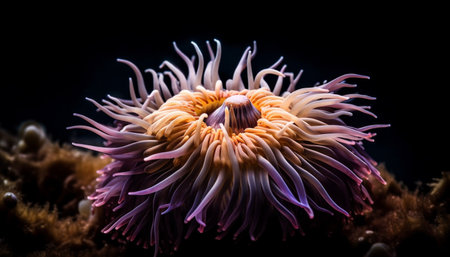 Deep underwater beauty Purple coral, clown fish generated by artificial intelligenceの素材