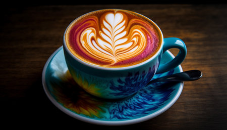 Frothy cappuccino in heart shaped mug on wood generated by artificial intelligenceの素材