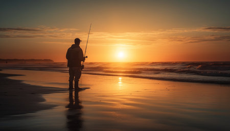 Silhouette of fisherman back lit by sunset generated by artificial intelligenceの素材