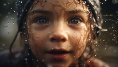 Smiling child plays in rain, pure joy generated by artificial intelligenceの素材