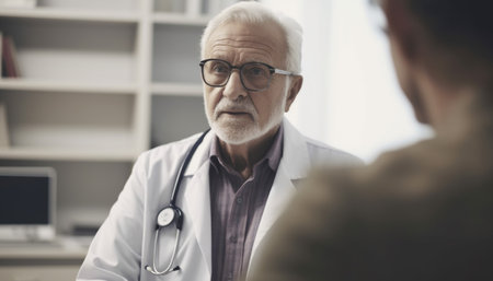 Mature healthcare worker and patient talking candidly generated by artificial intelligenceの素材