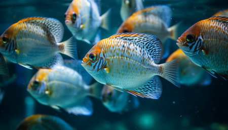 School of striped clown fish in reef generated by artificial intelligenceの素材